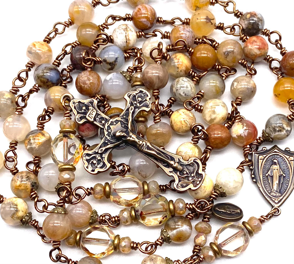 Natural Ocean Fossil Gemstone Wire Wrapped Catholic Heirloom Rosary LARGE