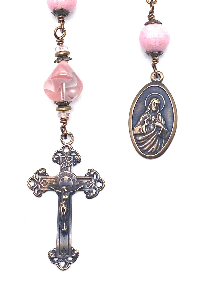 Natural Pink Fossil Gemstone Wire Wrapped BIG BEAD Catholic Heirloom Tenner Rosary