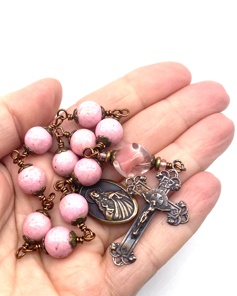 Natural Pink Fossil Gemstone Wire Wrapped BIG BEAD Catholic Heirloom Tenner Rosary