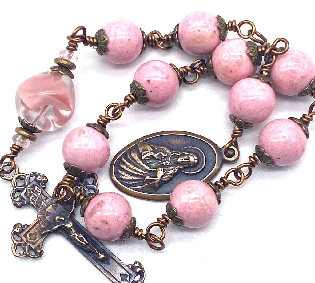 Natural Pink Fossil Gemstone Wire Wrapped BIG BEAD Catholic Heirloom Tenner Rosary