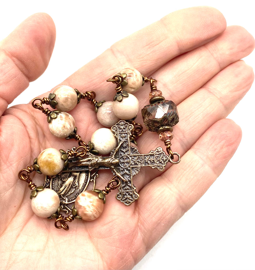 Natural Pink Moonstone Gemstone Wire Wrapped BIG BEAD Catholic Heirloom Tenner Rosary