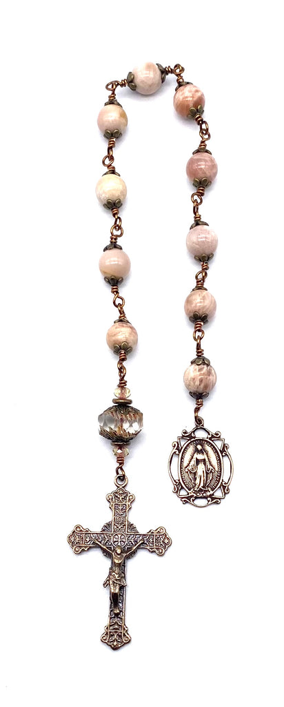 Natural Pink Moonstone Gemstone Wire Wrapped BIG BEAD Catholic Heirloom Tenner Rosary