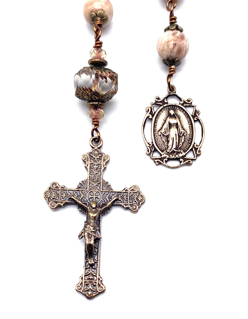 Natural Pink Moonstone Gemstone Wire Wrapped BIG BEAD Catholic Heirloom Tenner Rosary