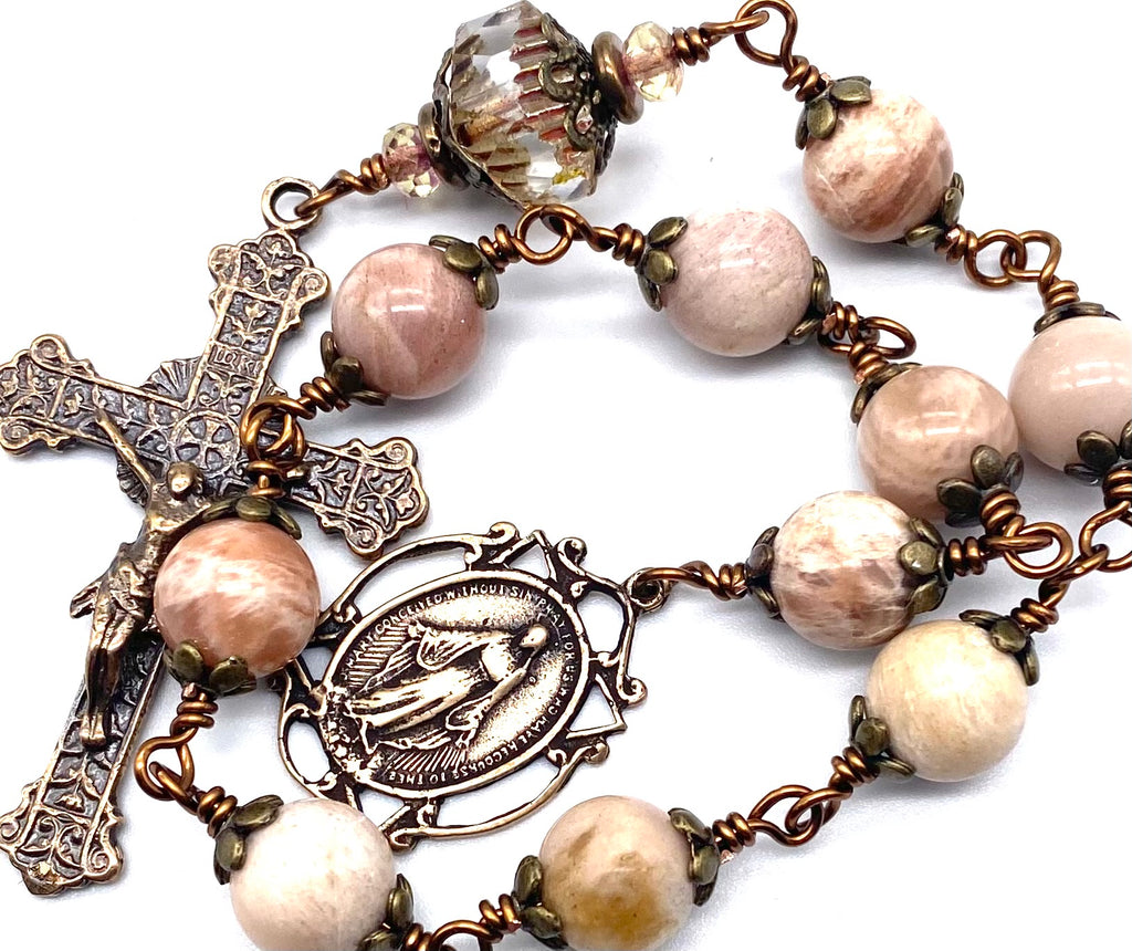 Natural Pink Moonstone Gemstone Wire Wrapped BIG BEAD Catholic Heirloom Tenner Rosary