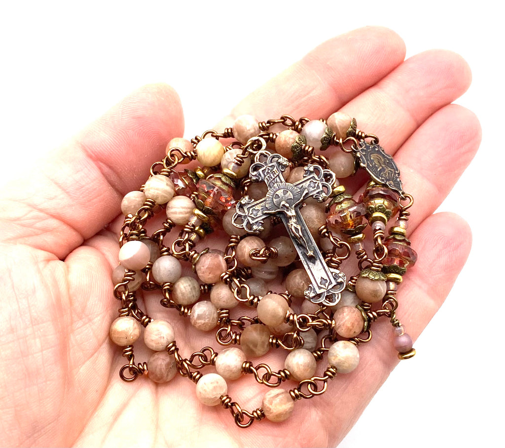 Natural Pink Moonstone Matte Gemstone Wire Wrapped Catholic Heirloom Rosary Medium
