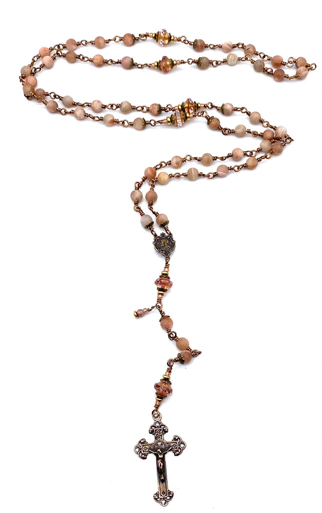Natural Pink Moonstone Matte Gemstone Wire Wrapped Catholic Heirloom Rosary Medium