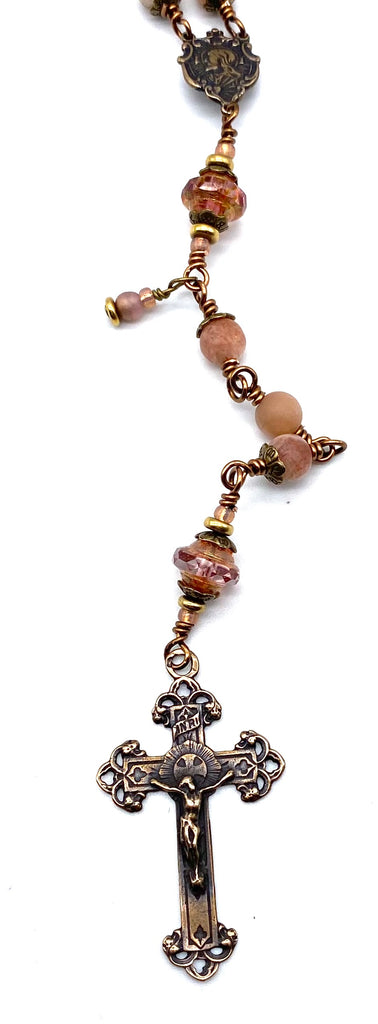 Natural Pink Moonstone Matte Gemstone Wire Wrapped Catholic Heirloom Rosary Medium