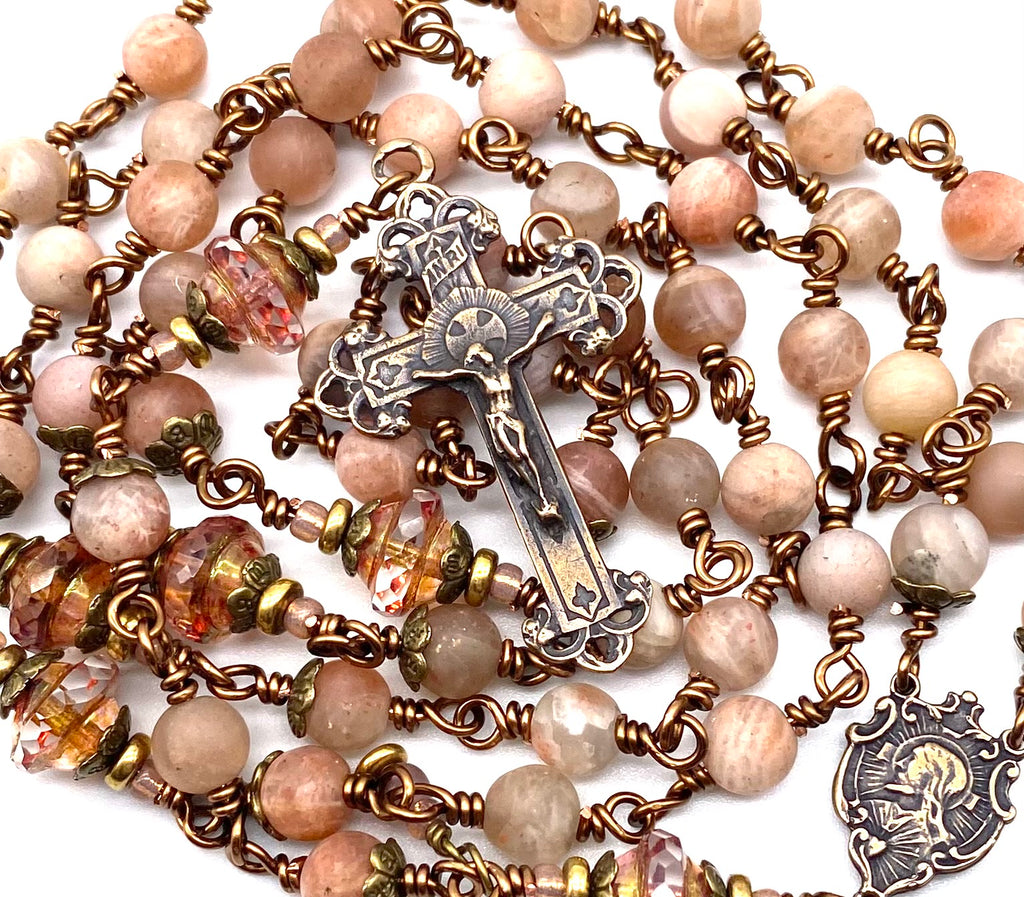 Natural Pink Moonstone Matte Gemstone Wire Wrapped Catholic Heirloom Rosary Medium