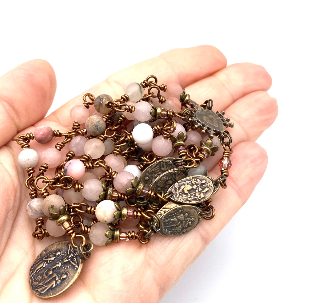 Natural Pink Opal Gemstone Catholic Heirloom Rosary of the Seven Sorrows Med
