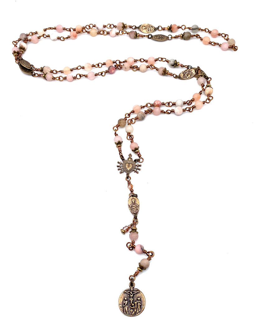 Natural Pink Opal Gemstone Catholic Heirloom Rosary of the Seven Sorrows Med