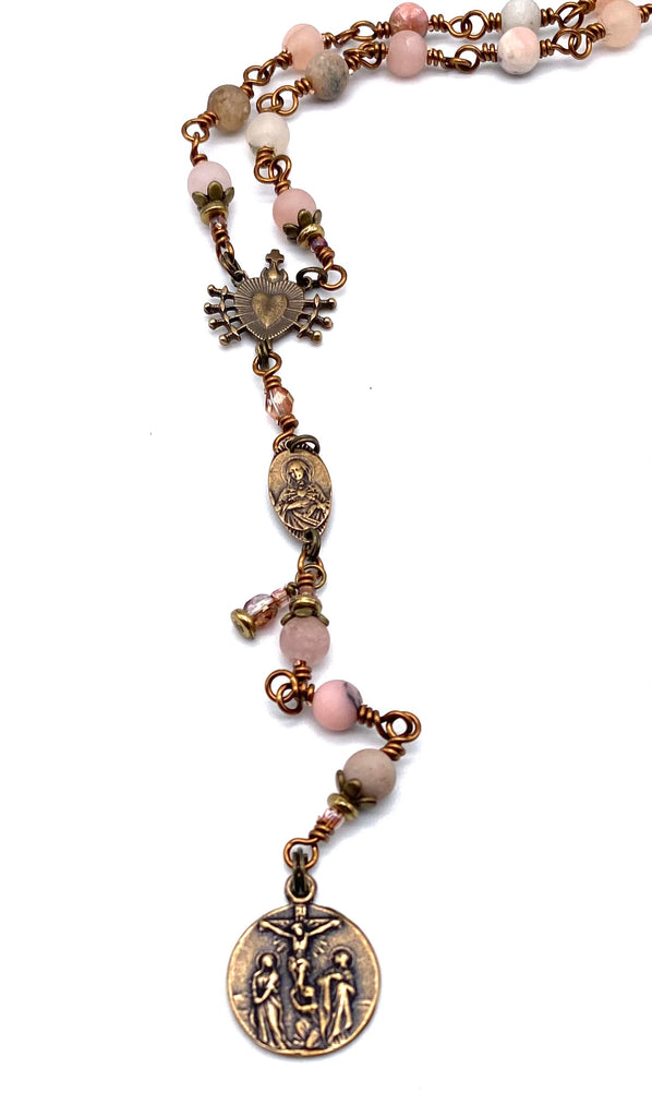 Natural Pink Opal Gemstone Catholic Heirloom Rosary of the Seven Sorrows Med