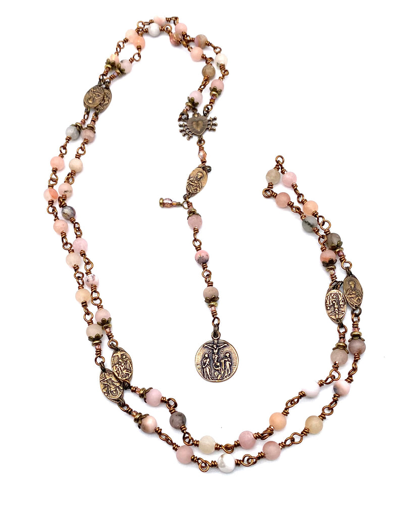 Natural Pink Opal Gemstone Catholic Heirloom Rosary of the Seven Sorrows Med