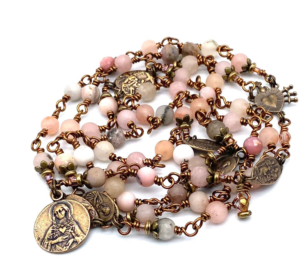 Natural Pink Opal Gemstone Catholic Heirloom Rosary of the Seven Sorrows Med