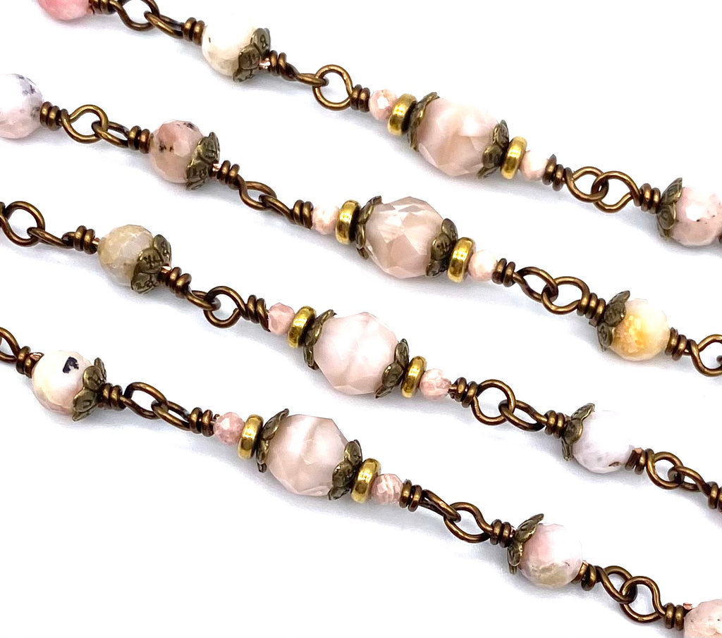 Natural Pink Opal Jade Gemstone Wire Wrapped Catholic Heirloom Rosary Medium