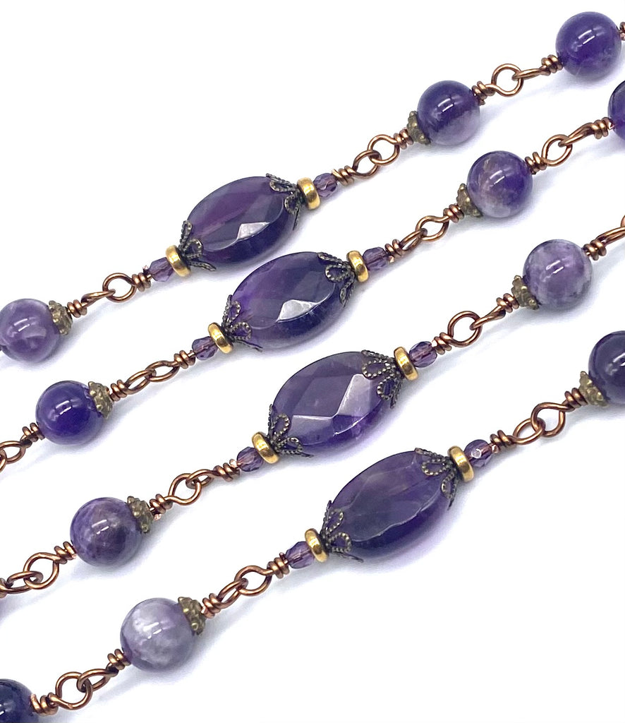 Deep Purple Amethyst Gemstone Wire Wrapped Catholic Heirloom Rosary LARGE