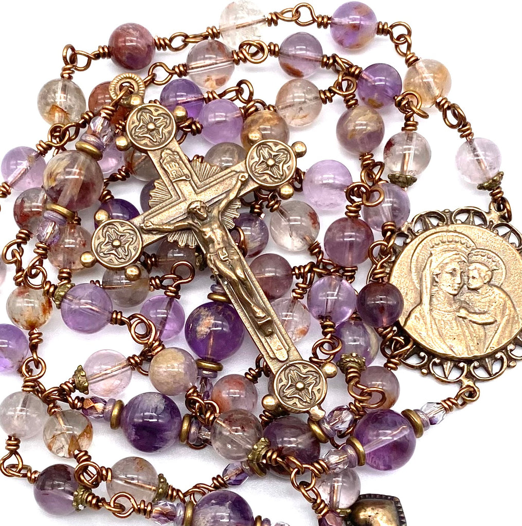 Natural Purple Quartz Gemstone Catholic Heirloom Rosary LARGE
