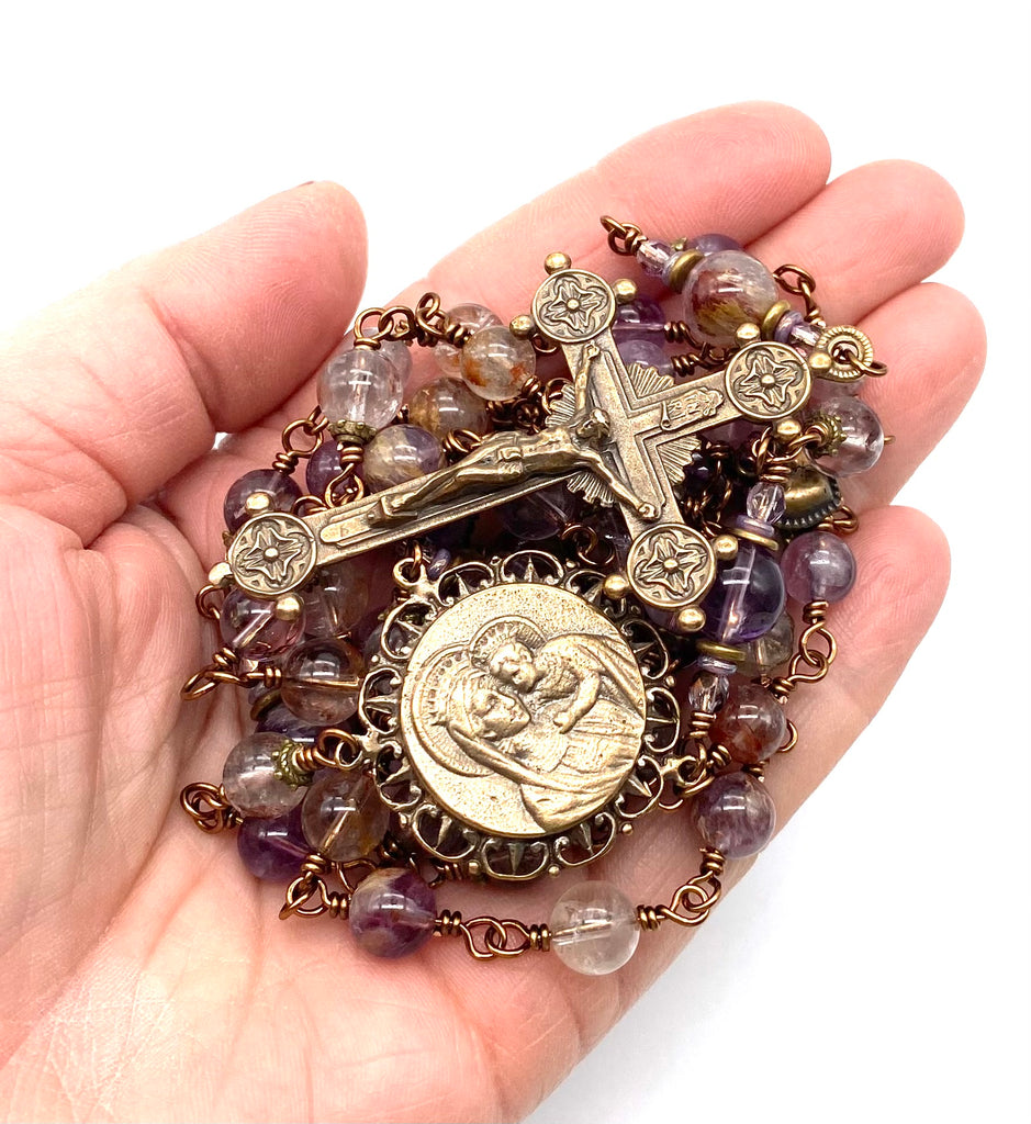 Natural Purple Quartz Gemstone Catholic Heirloom Rosary LARGE