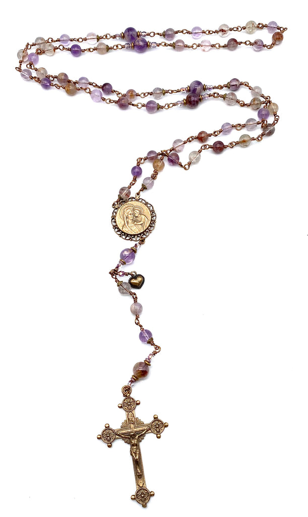 Natural Purple Quartz Gemstone Catholic Heirloom Rosary LARGE