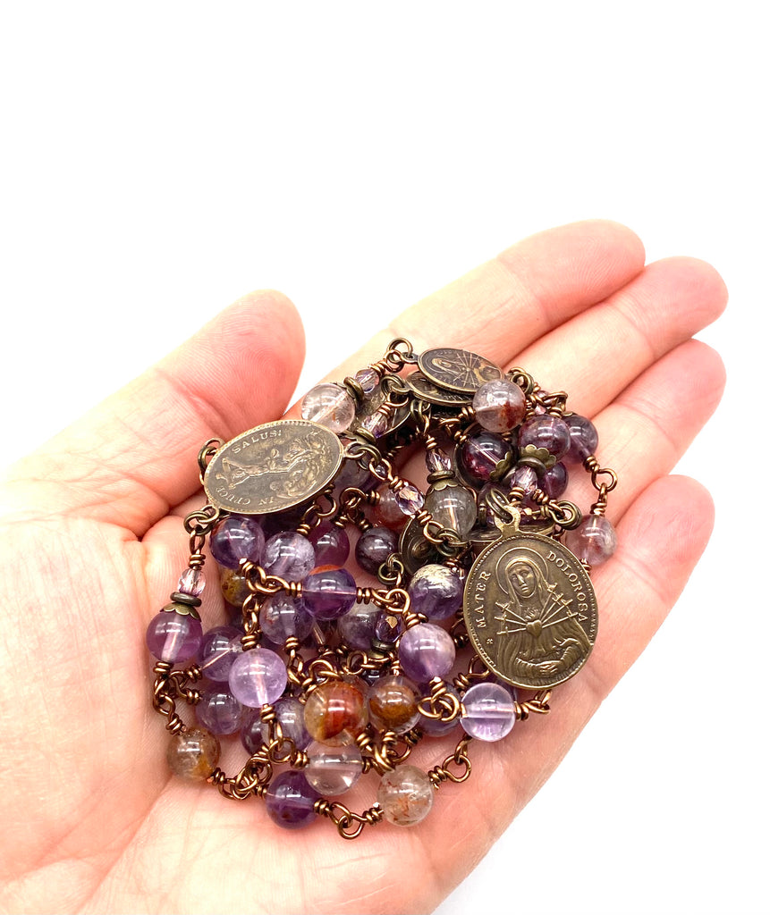 Natural Purple Quartz Gemstone Catholic Heirloom Rosary of the Seven Sorrows Lrg