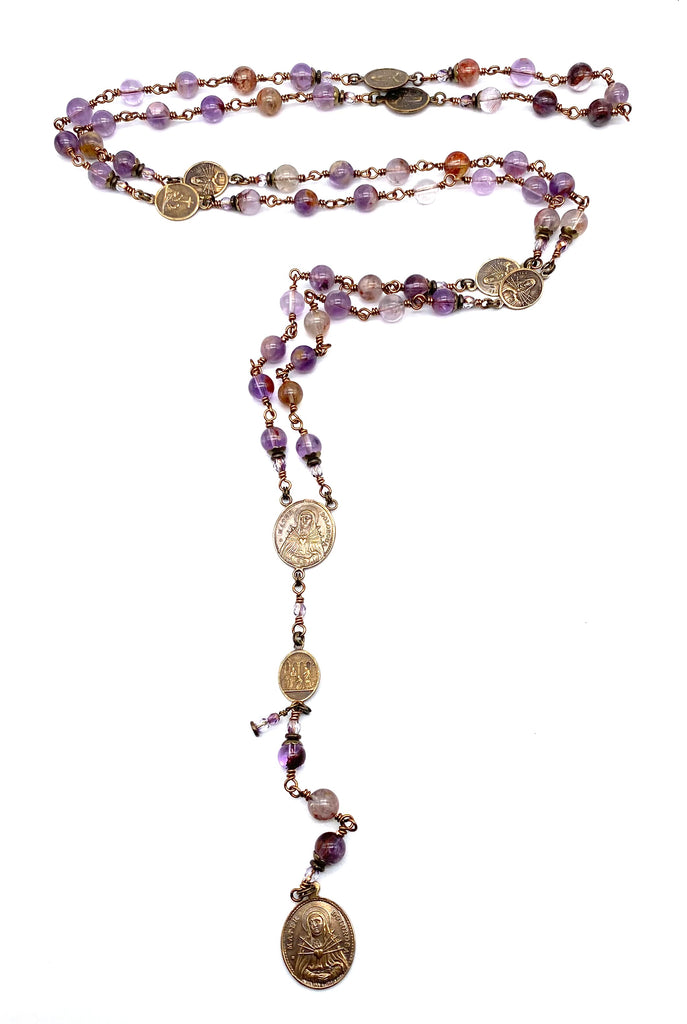 Natural Purple Quartz Gemstone Catholic Heirloom Rosary of the Seven Sorrows Lrg