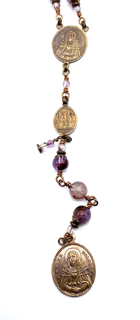Natural Purple Quartz Gemstone Catholic Heirloom Rosary of the Seven Sorrows Lrg