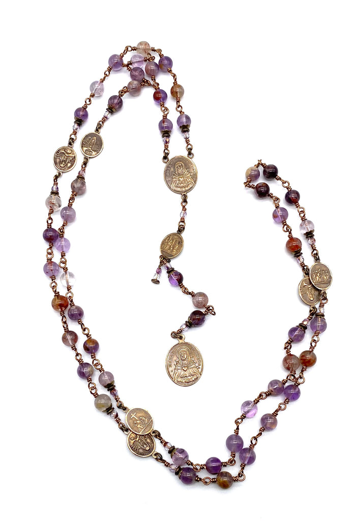Natural Purple Quartz Gemstone Catholic Heirloom Rosary of the Seven Sorrows Lrg