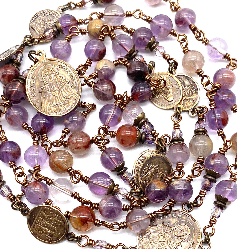 Natural Purple Quartz Gemstone Catholic Heirloom Rosary of the Seven Sorrows Lrg