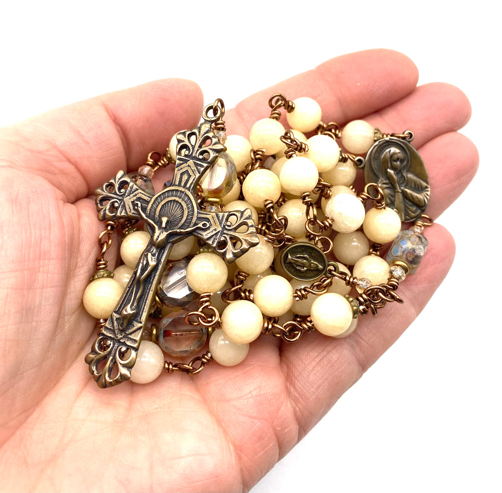 Natural Yellow Jade Gemstone Wire Wrapped Catholic Heirloom Rosary LARGE