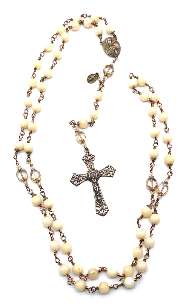 Natural Yellow Jade Gemstone Wire Wrapped Catholic Heirloom Rosary LARGE