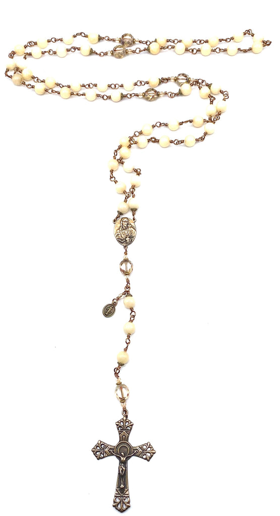 Natural Yellow Jade Gemstone Wire Wrapped Catholic Heirloom Rosary LARGE