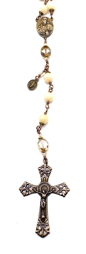 Natural Yellow Jade Gemstone Wire Wrapped Catholic Heirloom Rosary LARGE
