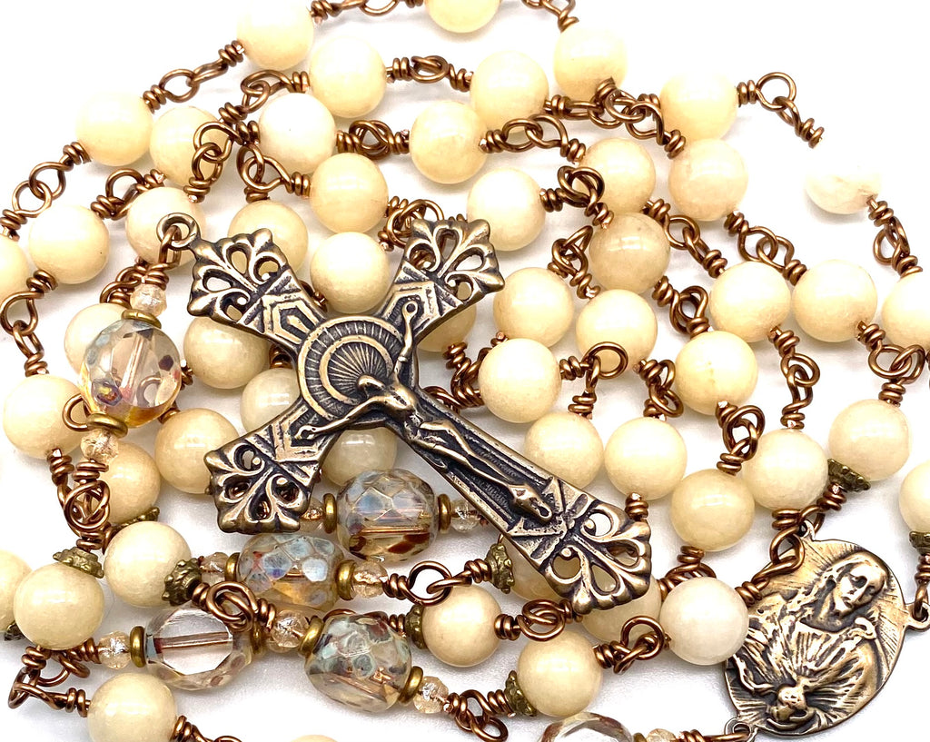Natural Yellow Jade Gemstone Wire Wrapped Catholic Heirloom Rosary LARGE