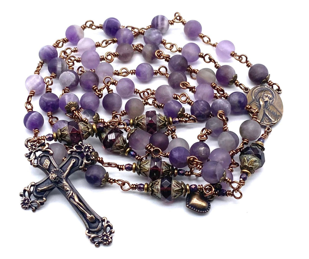 Natural Amethyst Matte Gemstone Wire Wrapped Catholic Heirloom Rosary Large