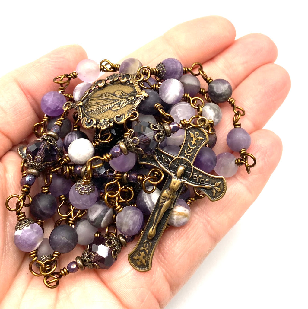Natural Amethyst Matte Gemstone Wire Wrapped Catholic Heirloom Rosary Large