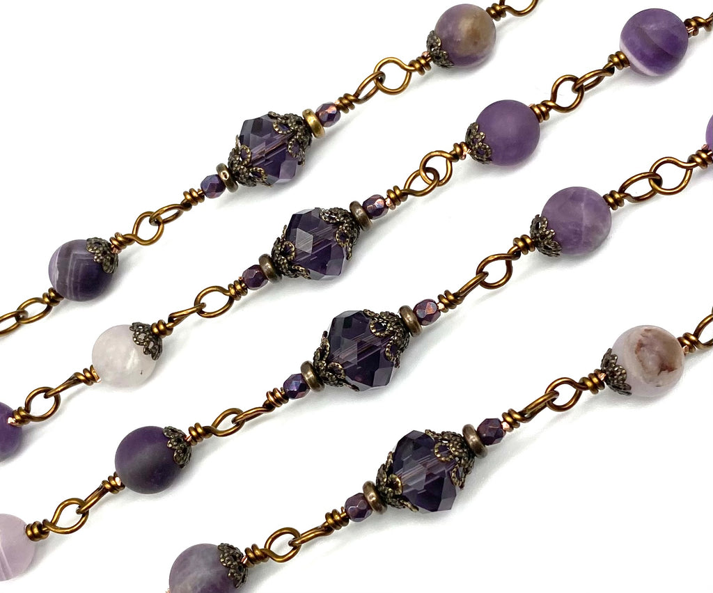Natural Amethyst Matte Gemstone Wire Wrapped Catholic Heirloom Rosary Large