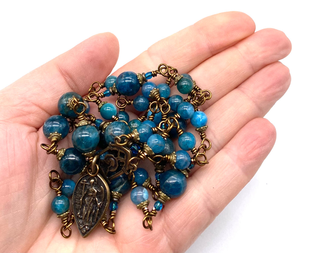 Natural Apatite Gemstone Wire Wrapped Catholic Heirloom Chaplet of Saint Michael MEDIUM