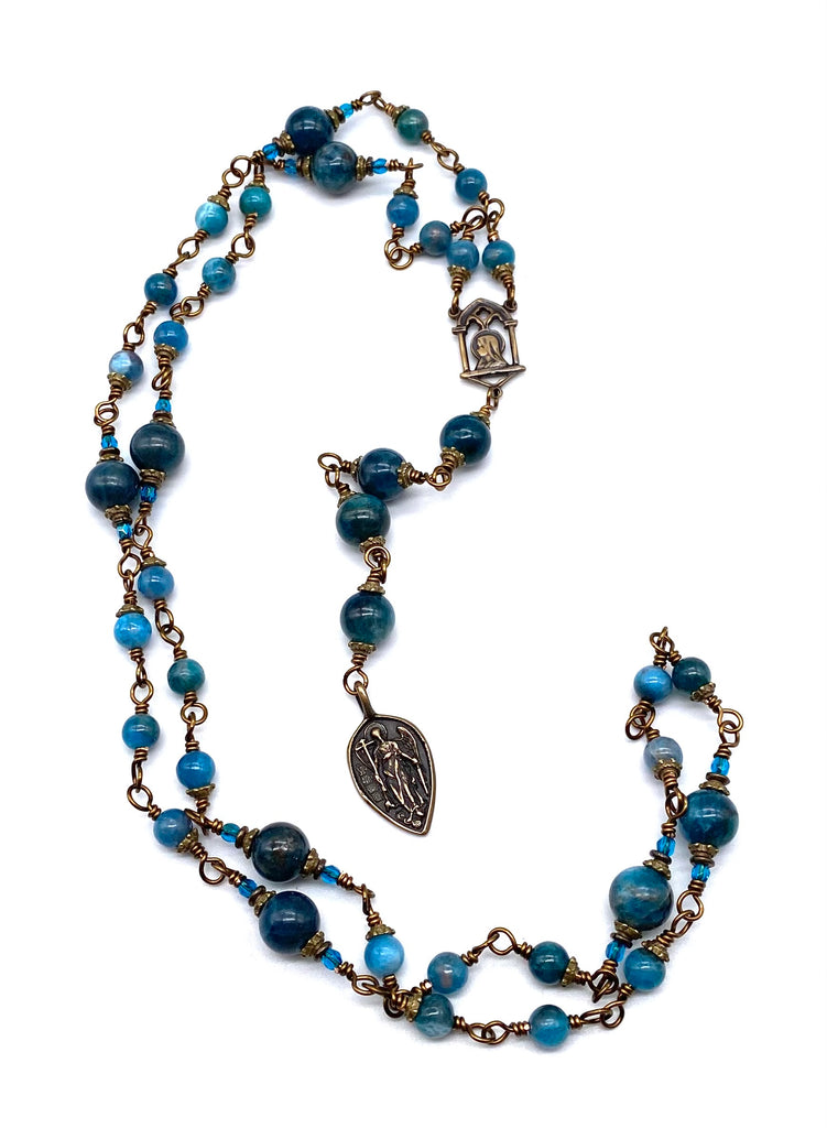 Natural Apatite Gemstone Wire Wrapped Catholic Heirloom Chaplet of Saint Michael MEDIUM