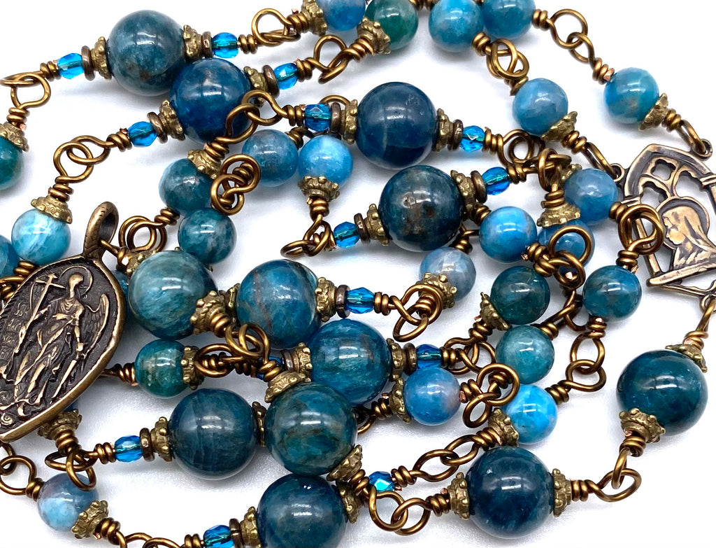 Natural Apatite Gemstone Wire Wrapped Catholic Heirloom Chaplet of Saint Michael MEDIUM