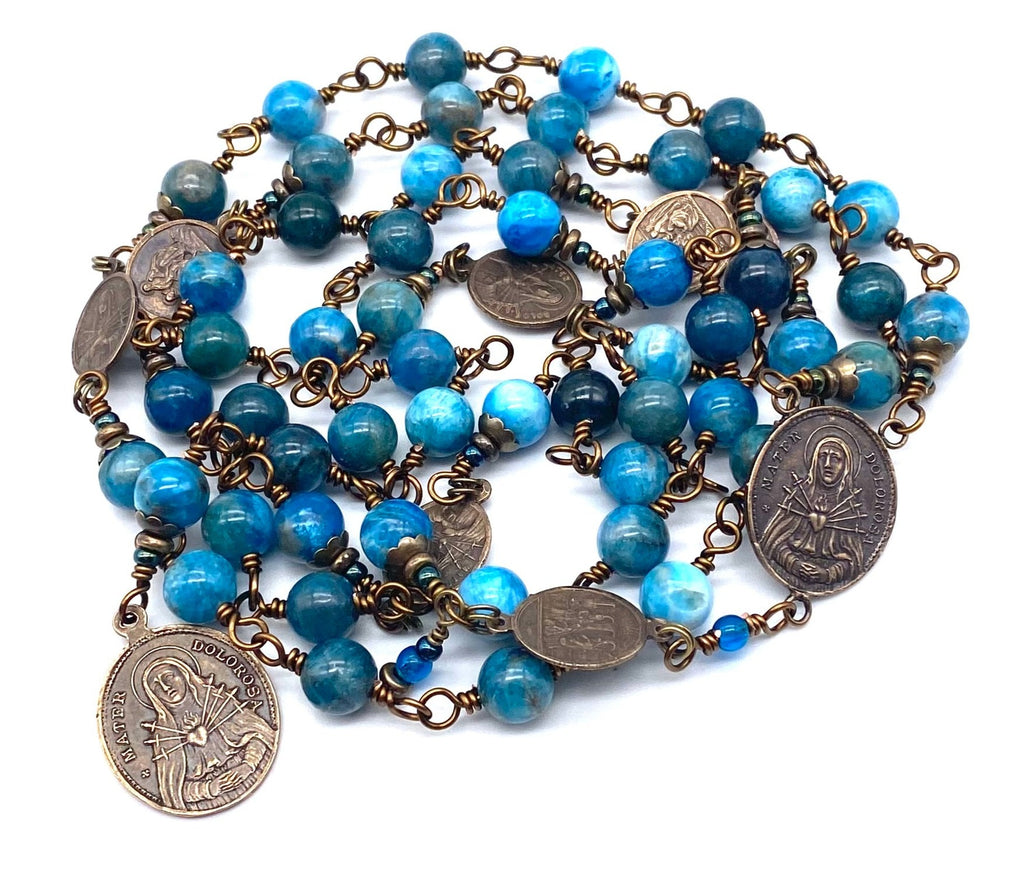 Natural Apatite Gemstone Wire Wrapped Catholic Heirloom Rosary of the Seven Sorrows Large
