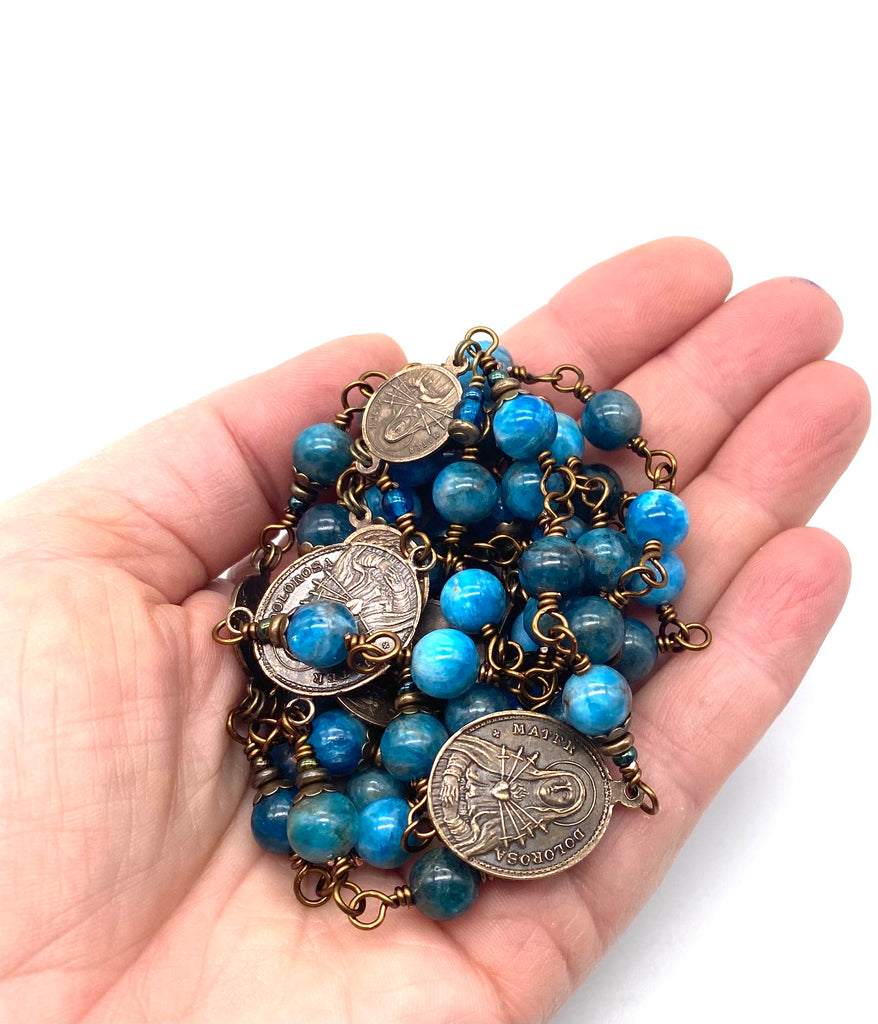Natural Apatite Gemstone Wire Wrapped Catholic Heirloom Rosary of the Seven Sorrows Large