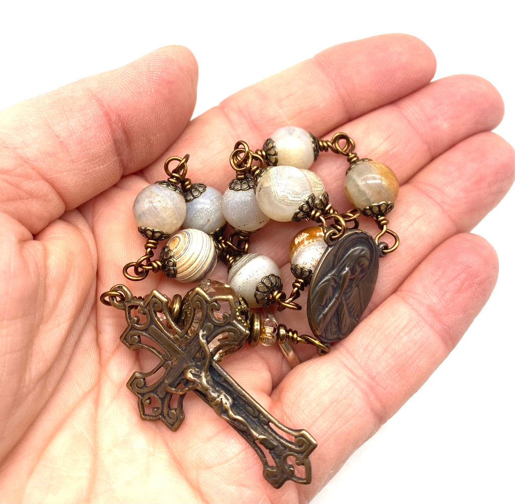 Natural Bamboo Agate Gemstones Wire Wrapped BIG BEAD Catholic Heirloom Travel Rosary