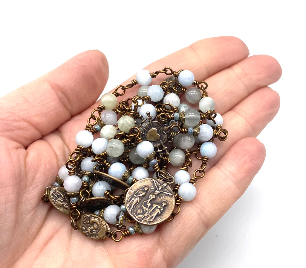 Seven Sorrows Rosary, Natural Blue Aquamarine Gemstone Heirloom Catholic Servite Delores Rosary Wire Wrapped Solid Bronze MEDIUM