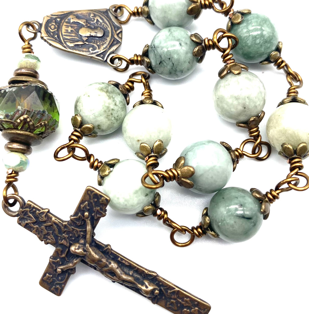 Natural Burma Jade Gemstones Wire Wrapped BIG BEAD Catholic Heirloom Travel Rosary