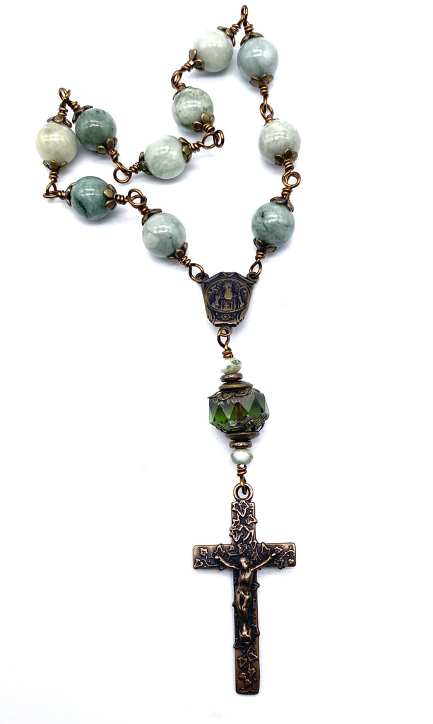 Natural Burma Jade Gemstones Wire Wrapped BIG BEAD Catholic Heirloom Travel Rosary