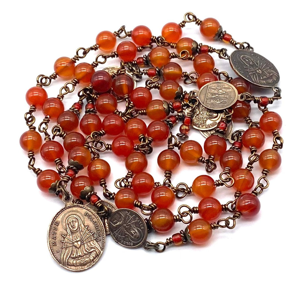 Seven Sorrows Rosary, Natural Carnelian Gemstone Heirloom Catholic Servite Delores Rosary Wire Wrapped Solid Bronze LARGE