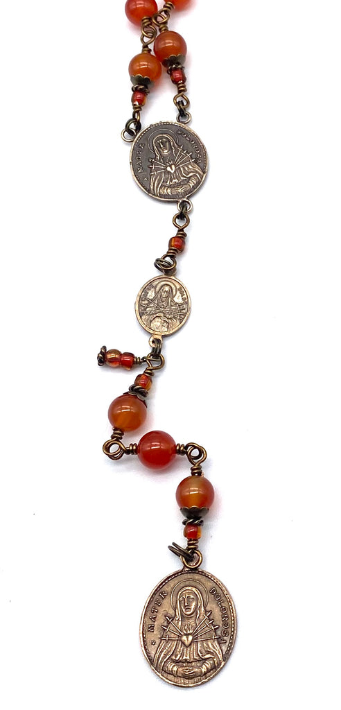 Seven Sorrows Rosary, Natural Carnelian Gemstone Heirloom Catholic Servite Delores Rosary Wire Wrapped Solid Bronze LARGE