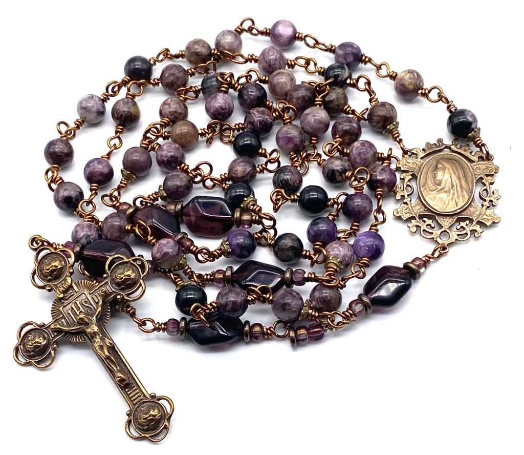 Natural Charoite Gemstone Wire Wrapped Catholic Heirloom Rosary LARGE