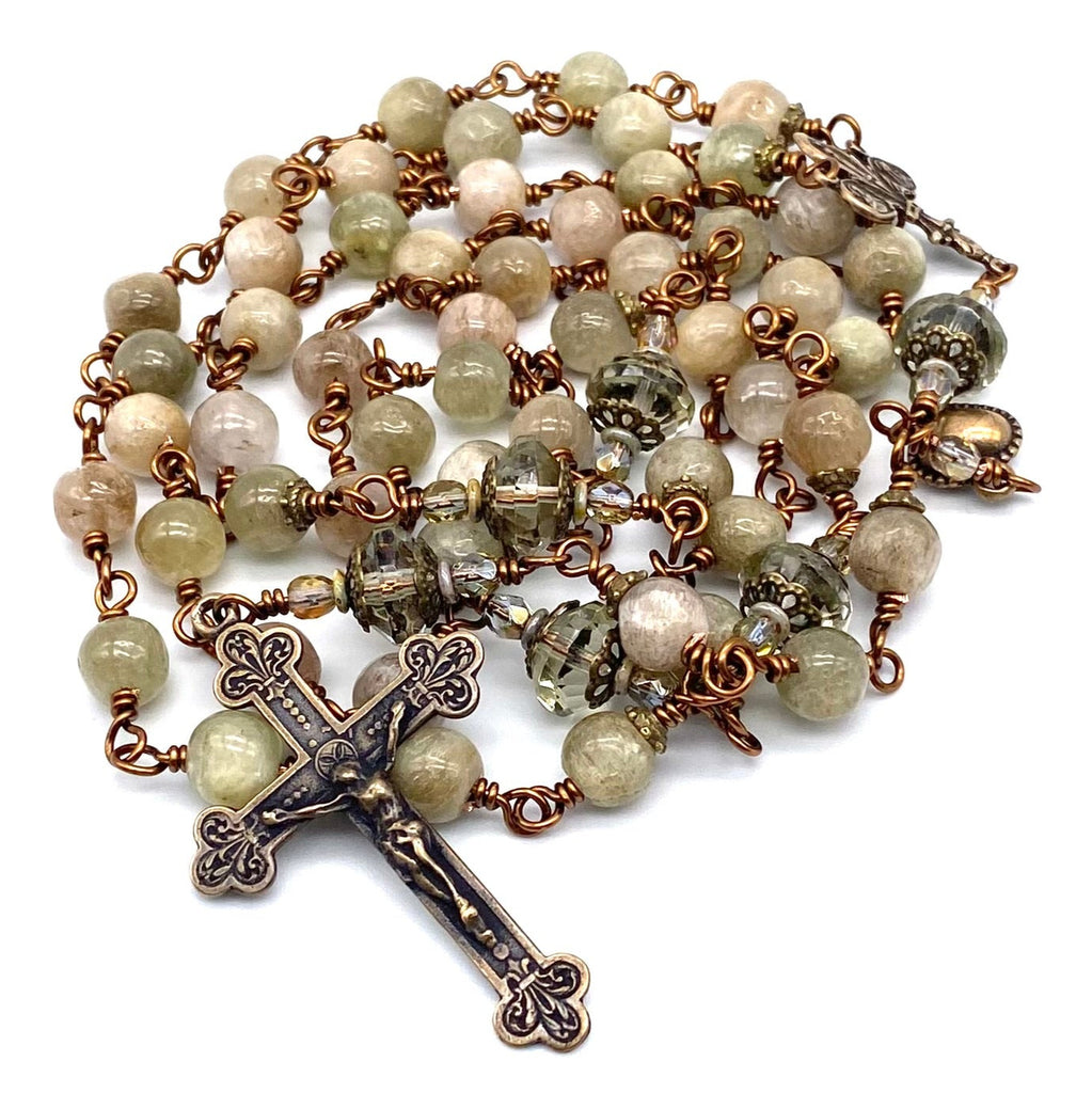 Natural Green Kunzite Gemstone Wire Wrapped Catholic Heirloom Rosary LARGE
