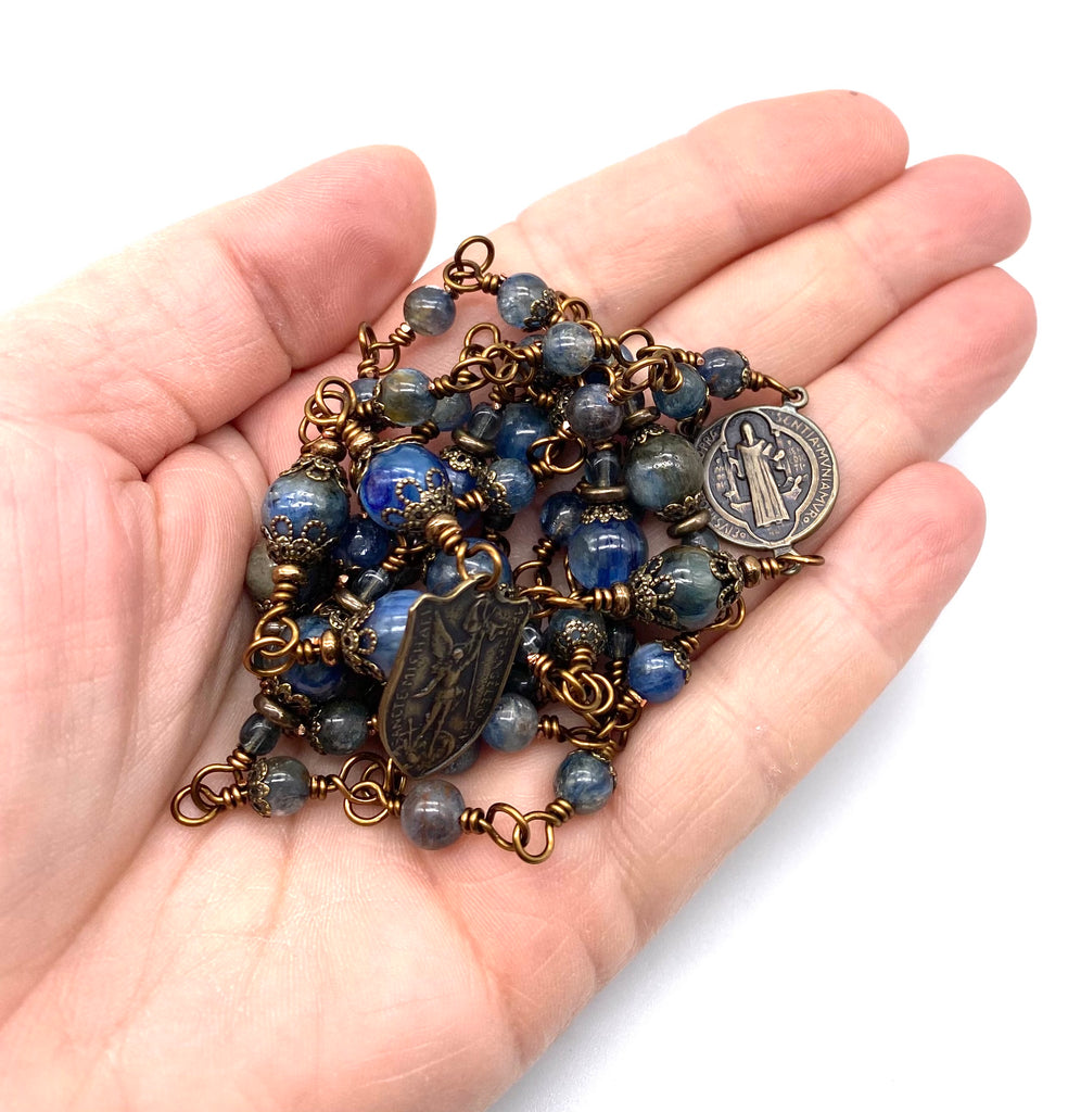 Natural Kyanite Gemstone Wire Wrapped Catholic Heirloom Chaplet of Saint Michael MEDIUM