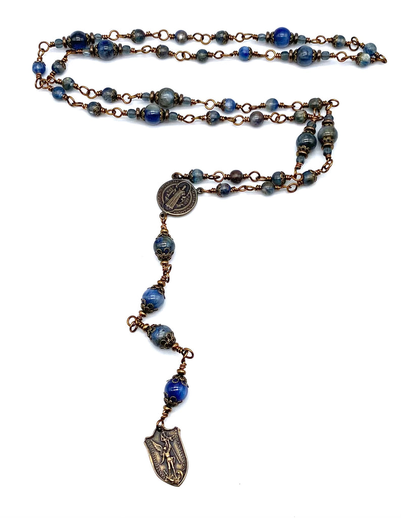 Natural Kyanite Gemstone Wire Wrapped Catholic Heirloom Chaplet of Saint Michael MEDIUM
